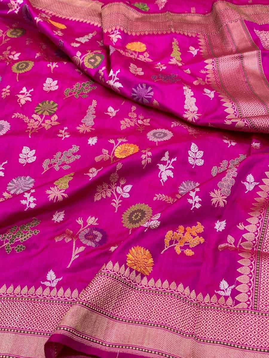 Rani Pink Pure Katan Silk  Handwoven Saree