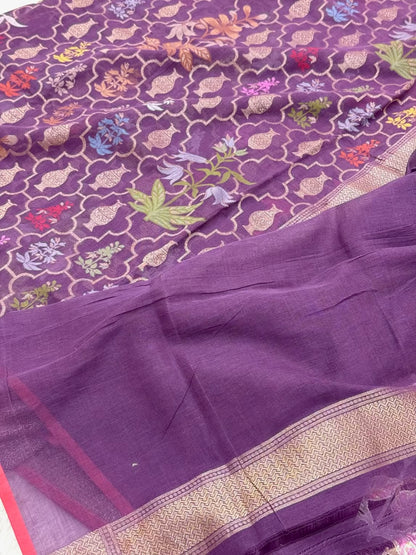 Dusty Lavender Pure Muslin Cotton Jamdani Hanloom Banrasi Saree |Ektara Weave|