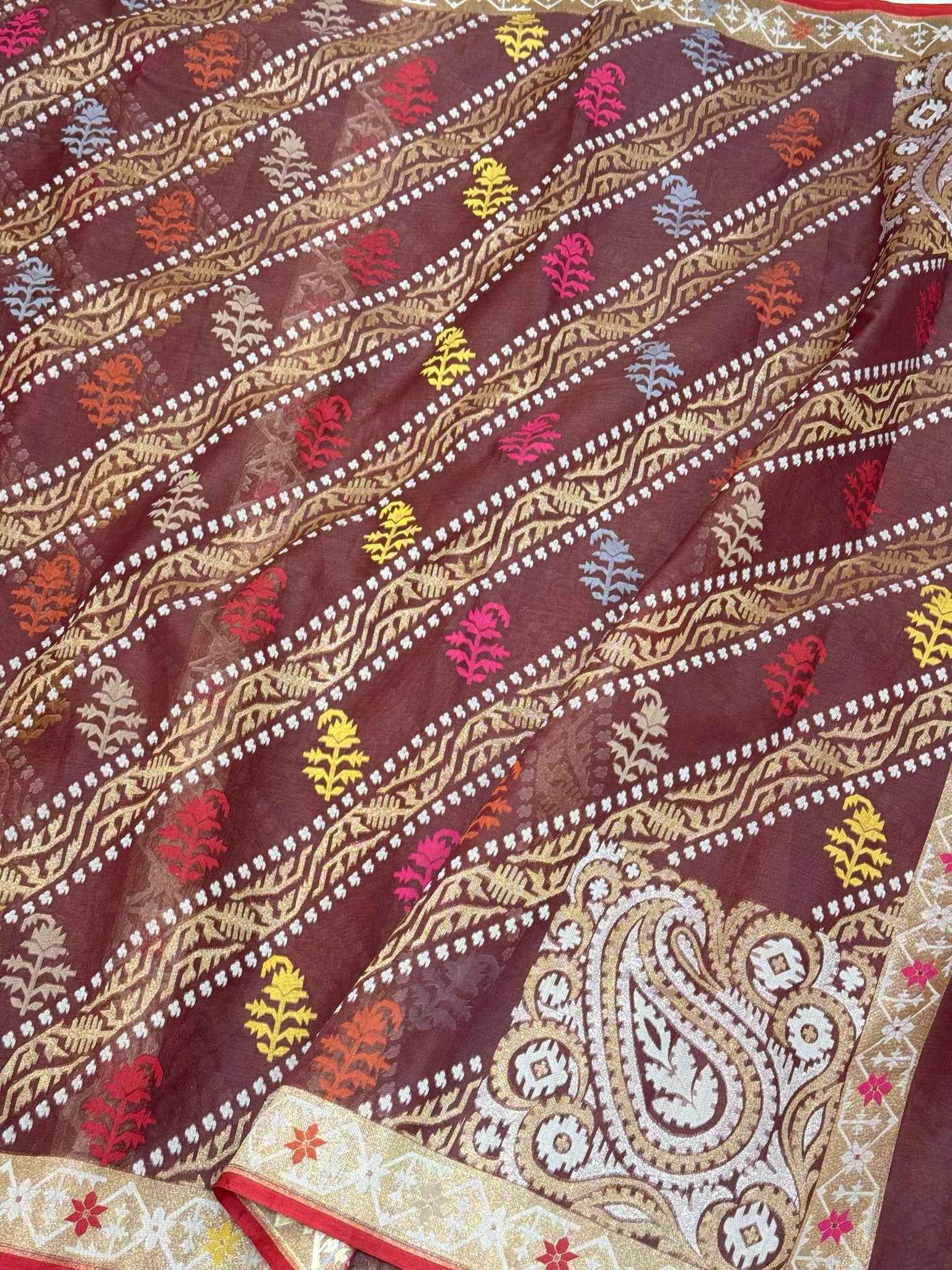 Fluorescent Pink Pure Kora Organza Silk Ektara Jamdani Handwoven Banarasi Saree