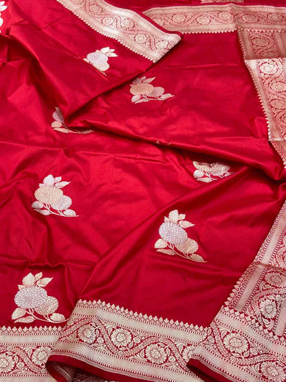Red Pure Mulberry Silk & Pure Katan Silk - Kadhwa Technique Handwoven Banarasi Saree