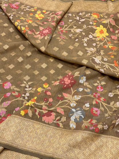 Brown Pure Muslin Cotton Jamdani handloom Banarasi Saree |Ektara Weave|