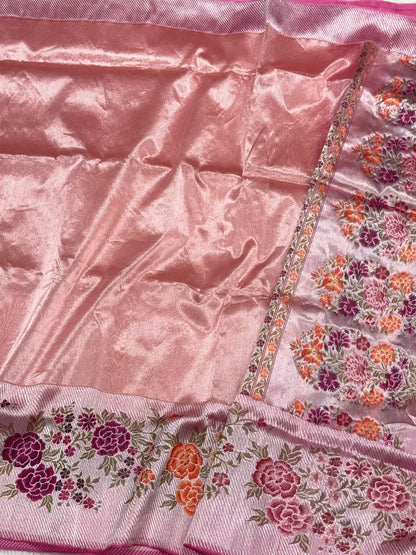 Peach Handwoven Banarasi Saree | Kadhwa Technique | Pure Banarasi Organza Saree - Pure Mulberry Kora Silk Saree