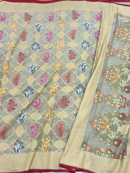 Pastel Pista Green Handloom Ektara Banarasi Saree | Pure Muslin Cotton Jamdani Banarasi Saree
