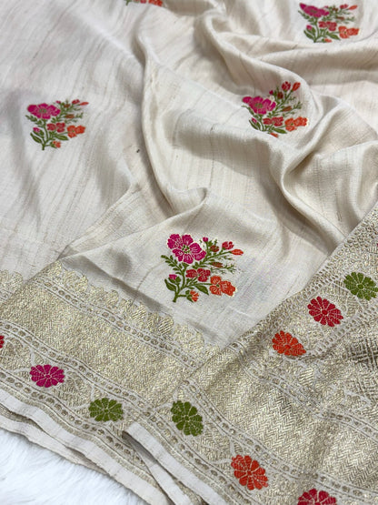 Ivory Pure Tussar Georgette Silk Handwoven Banarasi Saree