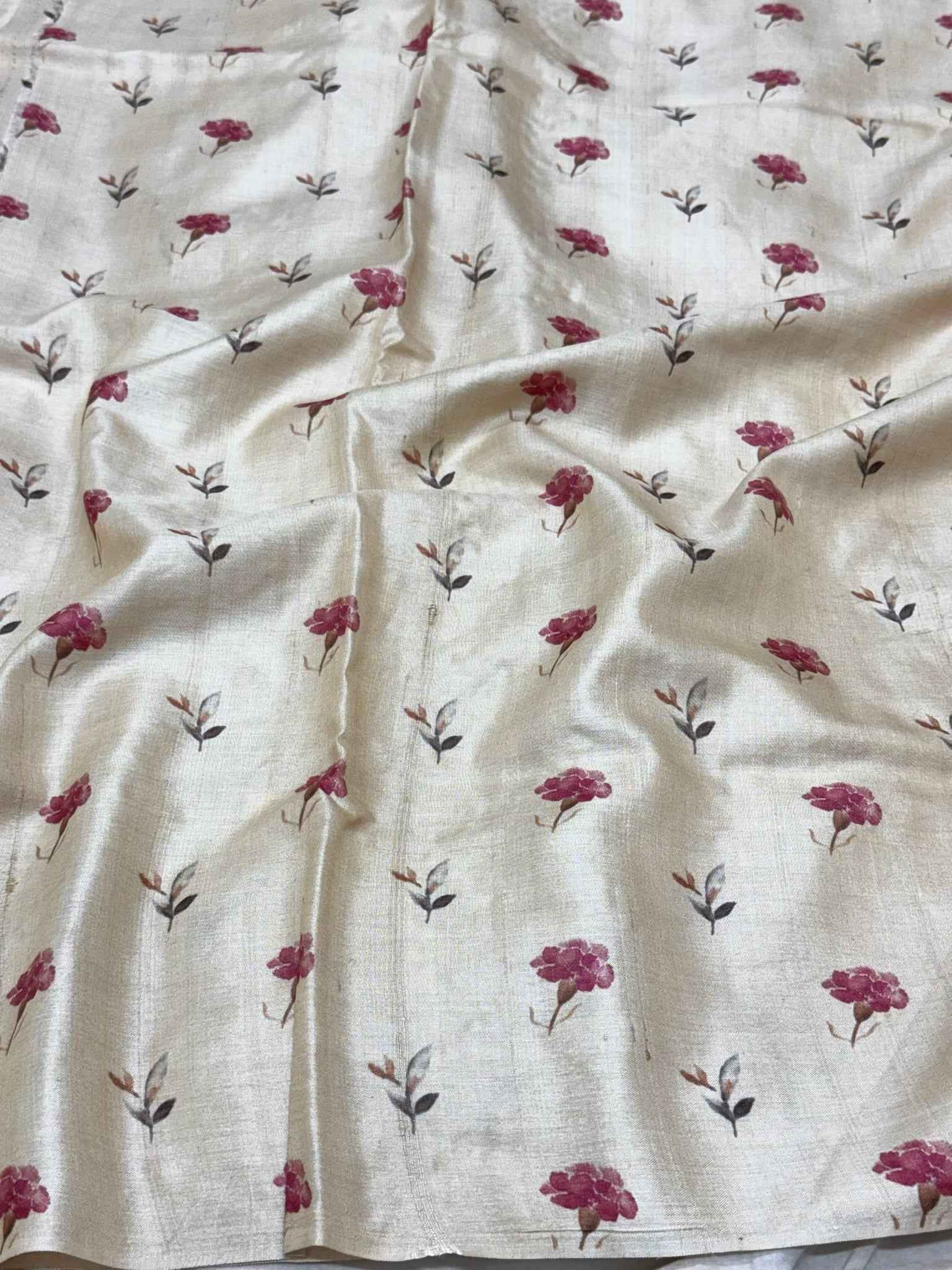 Ivory Pure Tussar Silk Handloom Printed with Embroidery Banarasi Saree - Everyday Luxury