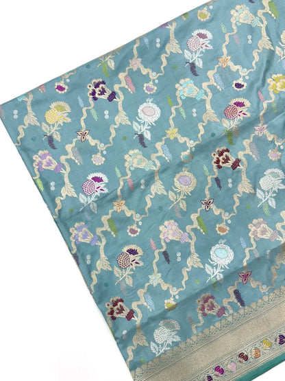 Sea Green Double Katan Silk Vinatge Handwoven Banarasi Saree