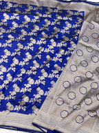 Blue Pure Mulberry Katan Silk Handloom Banarasi Saree