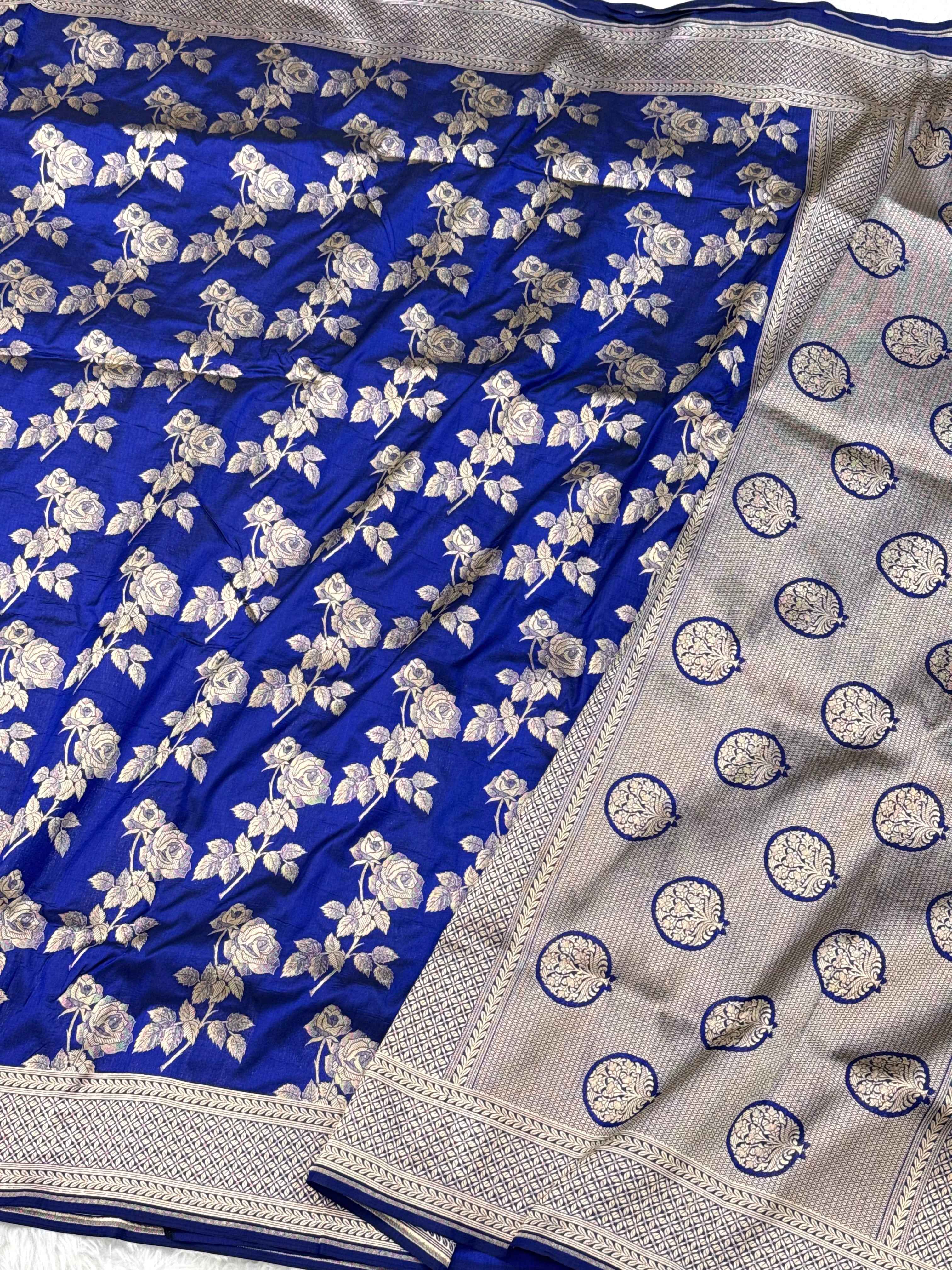 Blue Pure Mulberry Katan Silk Handloom Banarasi Saree