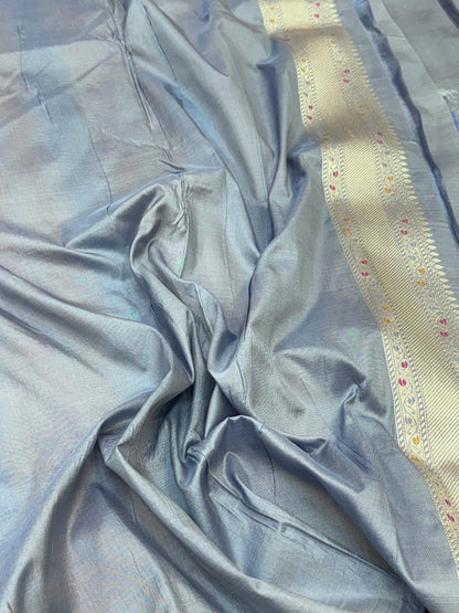Blue Gray Pure Mulberry Katan Silk Handloom Banarasi Saree - Authentic Banarasi Meenakari Saree