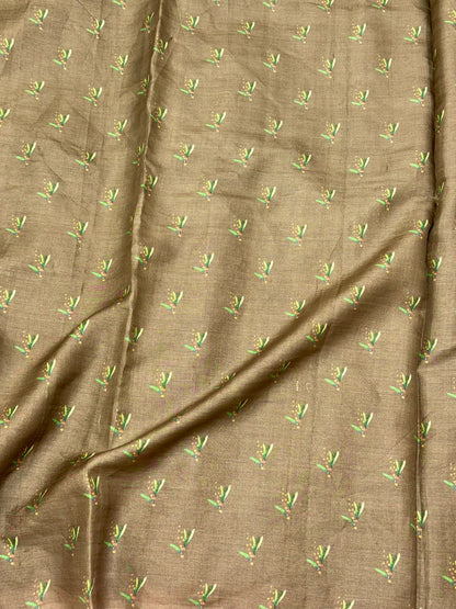 Chiku Brown Pure Tussar Silk Handloom Printed with Embroidery Banarasi Saree - Soft Lightweight Banarasi Saree