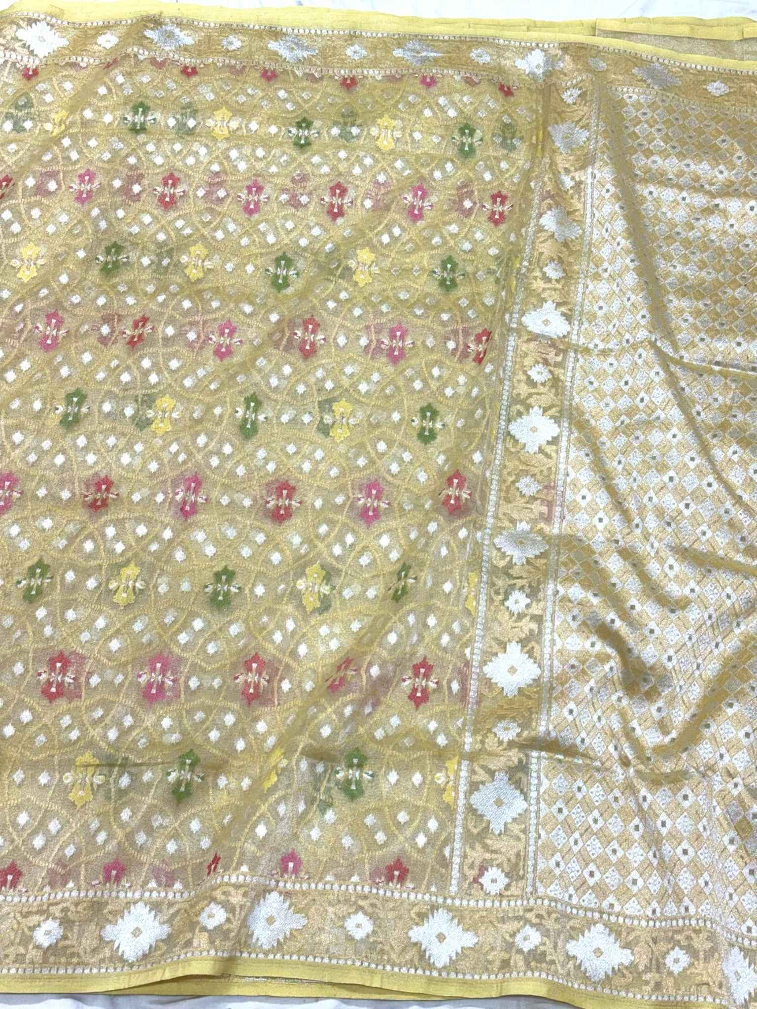 Pastel Yellow Pure Kora Silk & Pure Tissue Silk Jamdani | Ektara Weave | Handloom Banarasi Saree