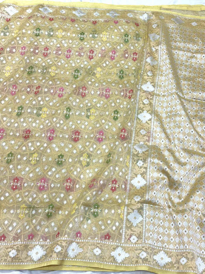 Pastel Yellow Pure Kora Silk & Pure Tissue Silk Jamdani | Ektara Weave | Handloom Banarasi Saree
