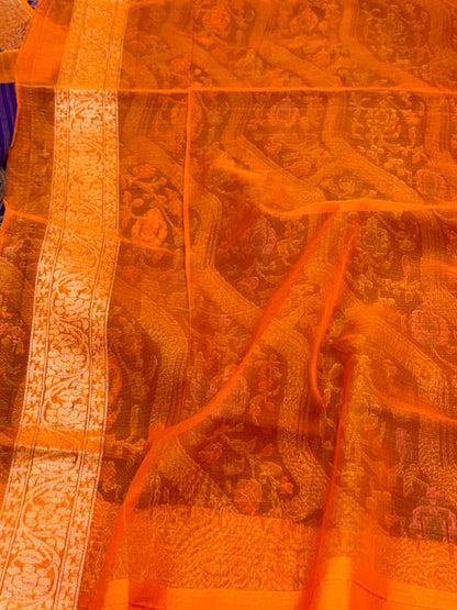 Purple Pure Kora Silk & Pure Mulberry Silk Jamdani Handloom Banarasi Saree - Ektara Technique