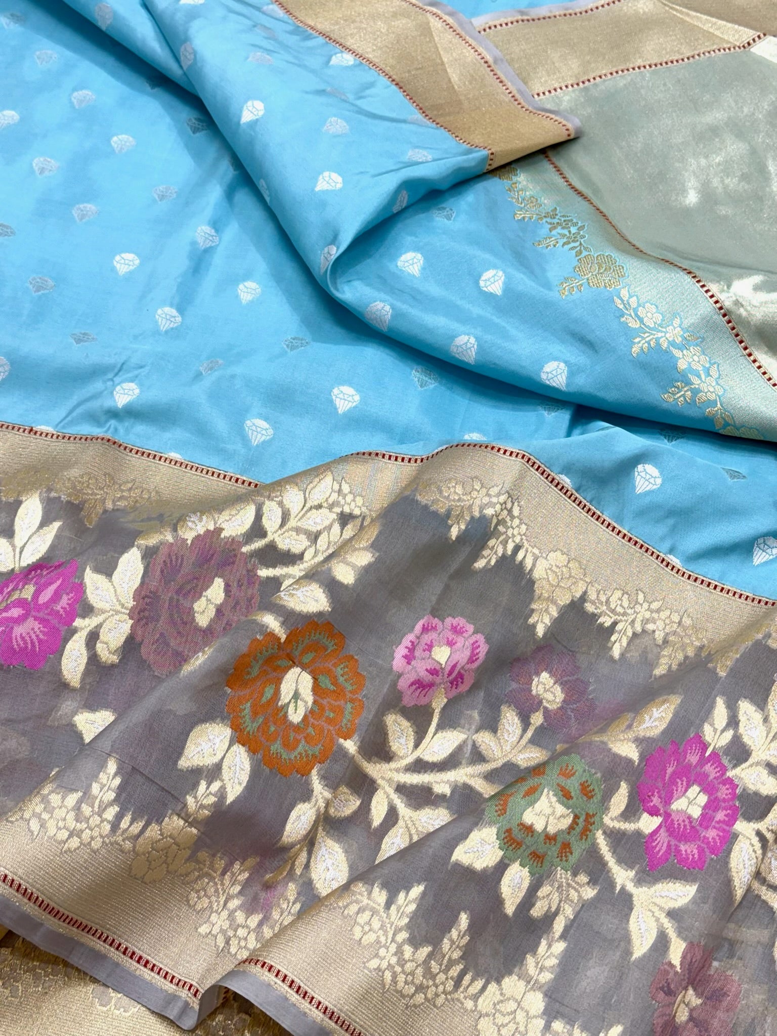 Light Blue Pure Katan Silk & Mulberry Silk Handwoven | Kadhwa Technique |Authentic Banarasi Modern Saree