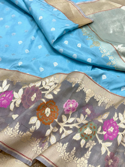 Light Blue Pure Katan Silk & Mulberry Silk Handwoven | Kadhwa Technique |Authentic Banarasi Modern Saree