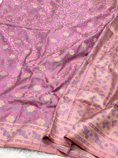 Baby Pink Pure Mashru Satin Silk Handwoven Banarasi Saree- Tanchoi
