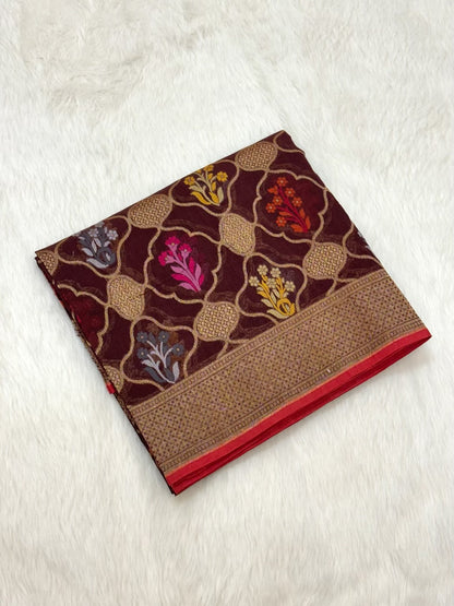 Brown Pure Muslin Cotton Jamdani Handloom Banarasi Saree |Ektara Weave|