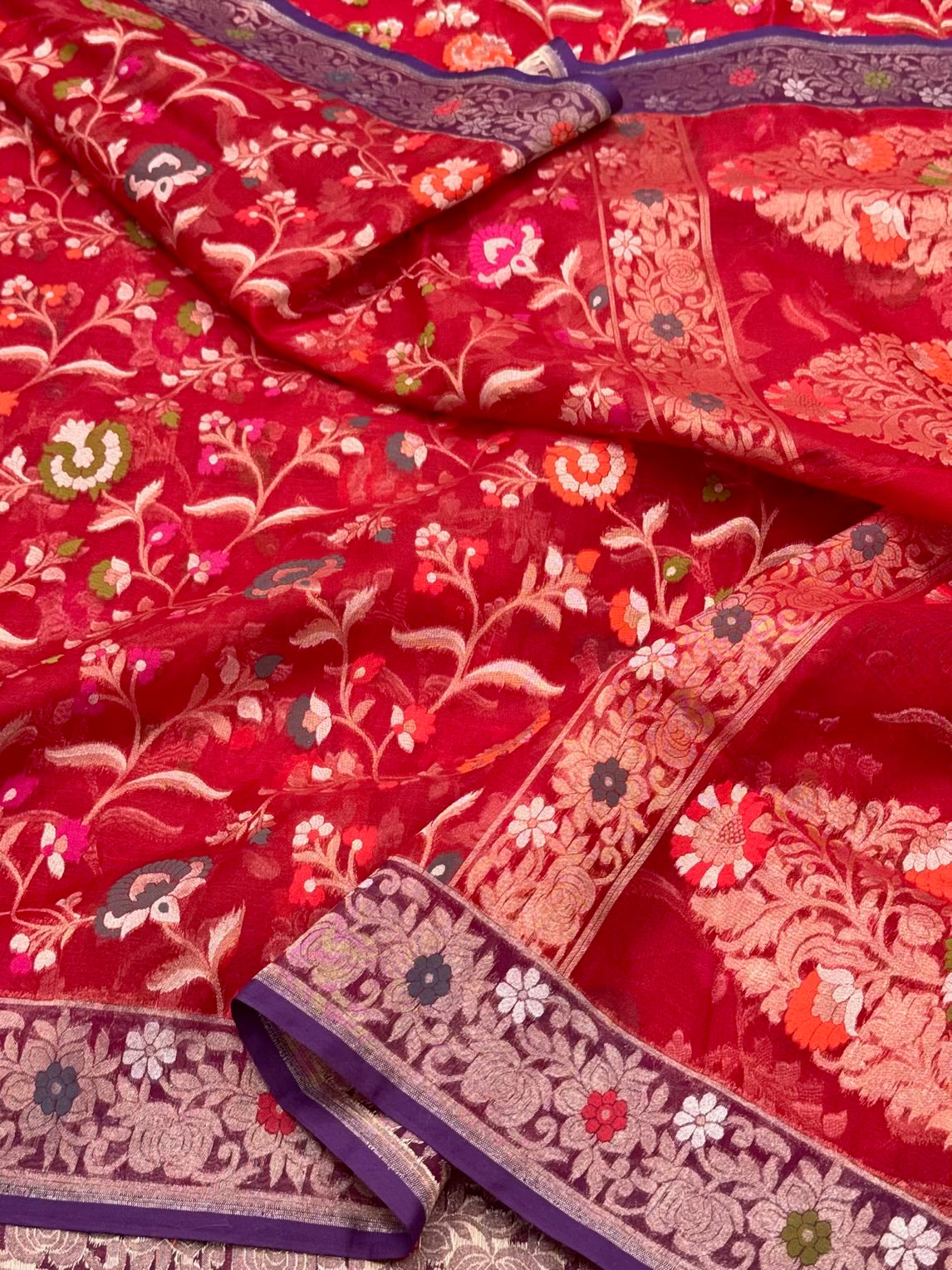 Red Banarasi 100% Pure Kora Silk Saree -Ektara Technique | Pure Handwoven Mulberry Silk Saree