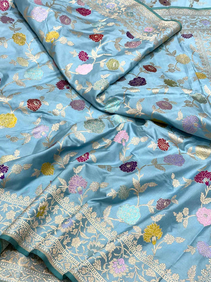 Sky Blue Pure Double Katan Silk & Mulberry Silk | Kadhwa Weave | Handwoven  Authentic Banarasi Saree