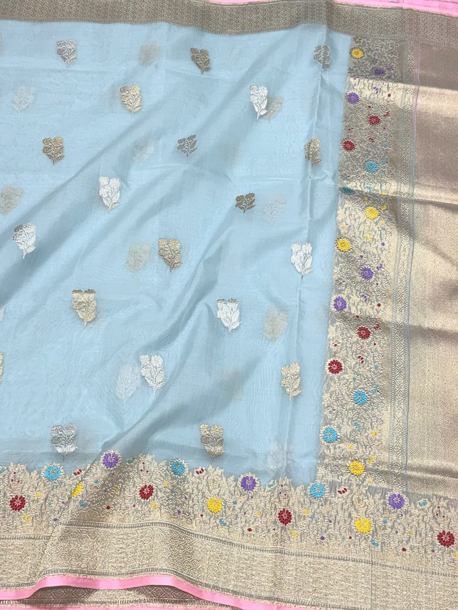 Sky Blue Authentic Banarasi Saree - Pure Kora Mulberry Silk | Kadhwa Technique | Handwoven Timeless Banarasi Saree