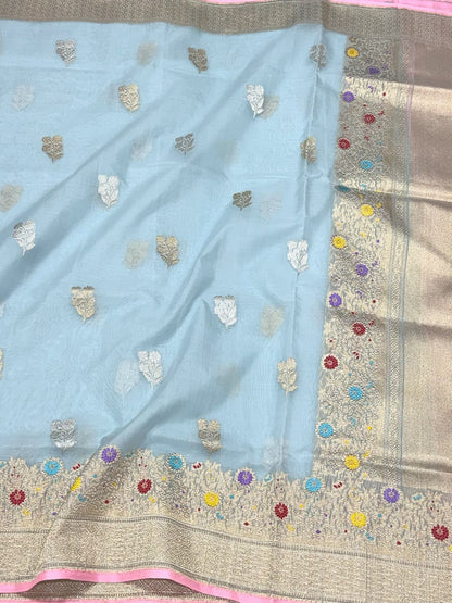 Sky Blue Authentic Banarasi Saree - Pure Kora Mulberry Silk | Kadhwa Technique | Handwoven Timeless Banarasi Saree