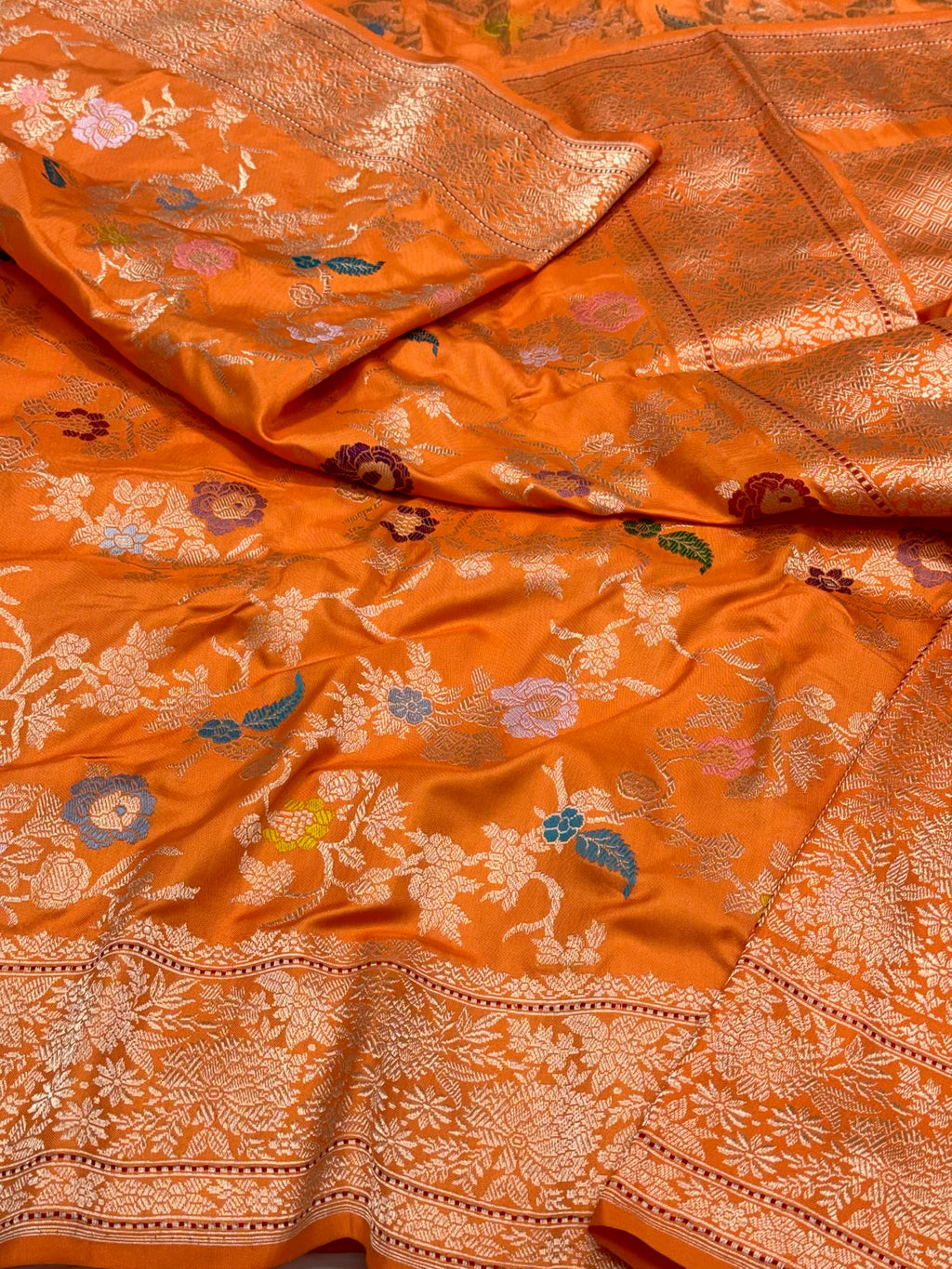 Orange Pure Double Katan Silk Handwoven Banarasi Saree | Kadhwa Technique | A Masterpiece Of Timeless Elegance