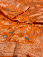 Orange Pure Double Katan Silk Handwoven Banarasi Saree | Kadhwa Technique | A Masterpiece Of Timeless Elegance