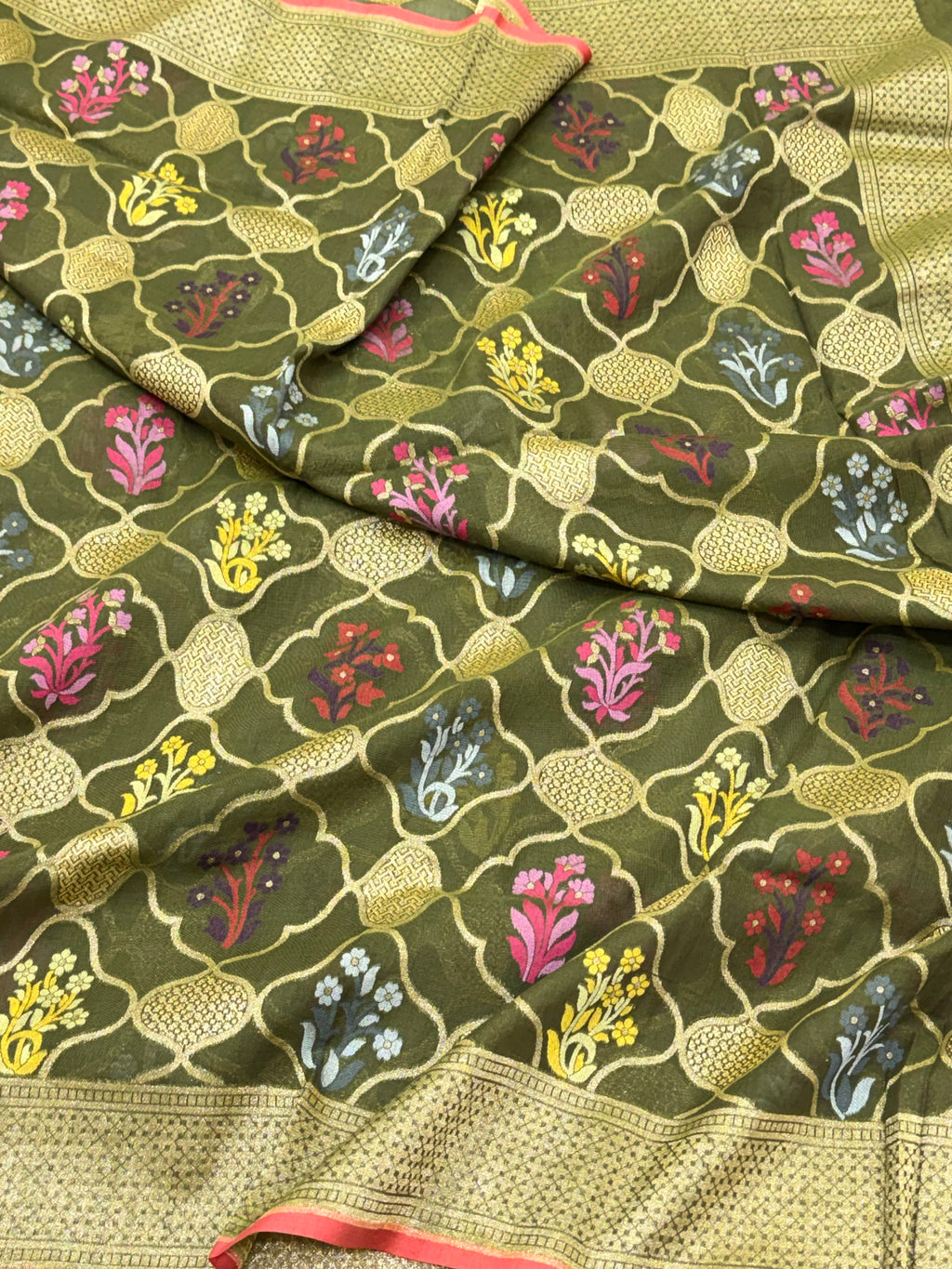 Mehndi Green Pure Muslin Cotton Jamdani Handloom Banarasi Dupatta