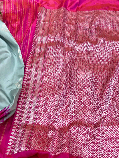 Powder Blue Exclusive Modern Banarasi Saree - Pure Mulberry Katan Silk | Kadhwa Ektara Weave Handwoven Saree