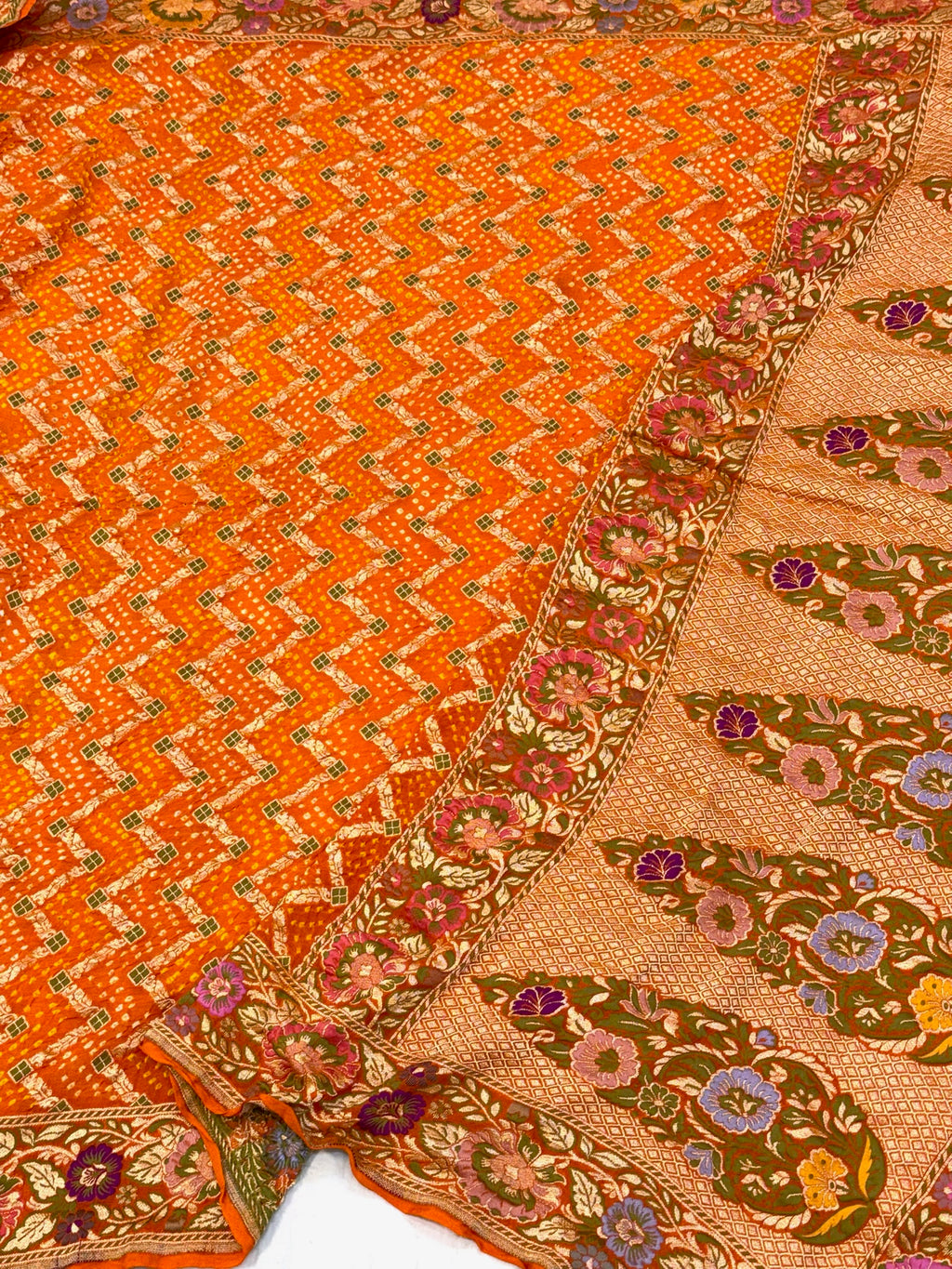 Orange Pure Chiffon Khaddi Georgette Bandhej Handwoven Saree