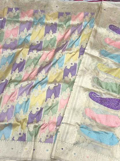 Ivory Luxury Rangkaat Banarasi Saree - Pure Mulberry Katan Silk Handwoven| Kadhwa Technique | Authentic Banarasi Saree
