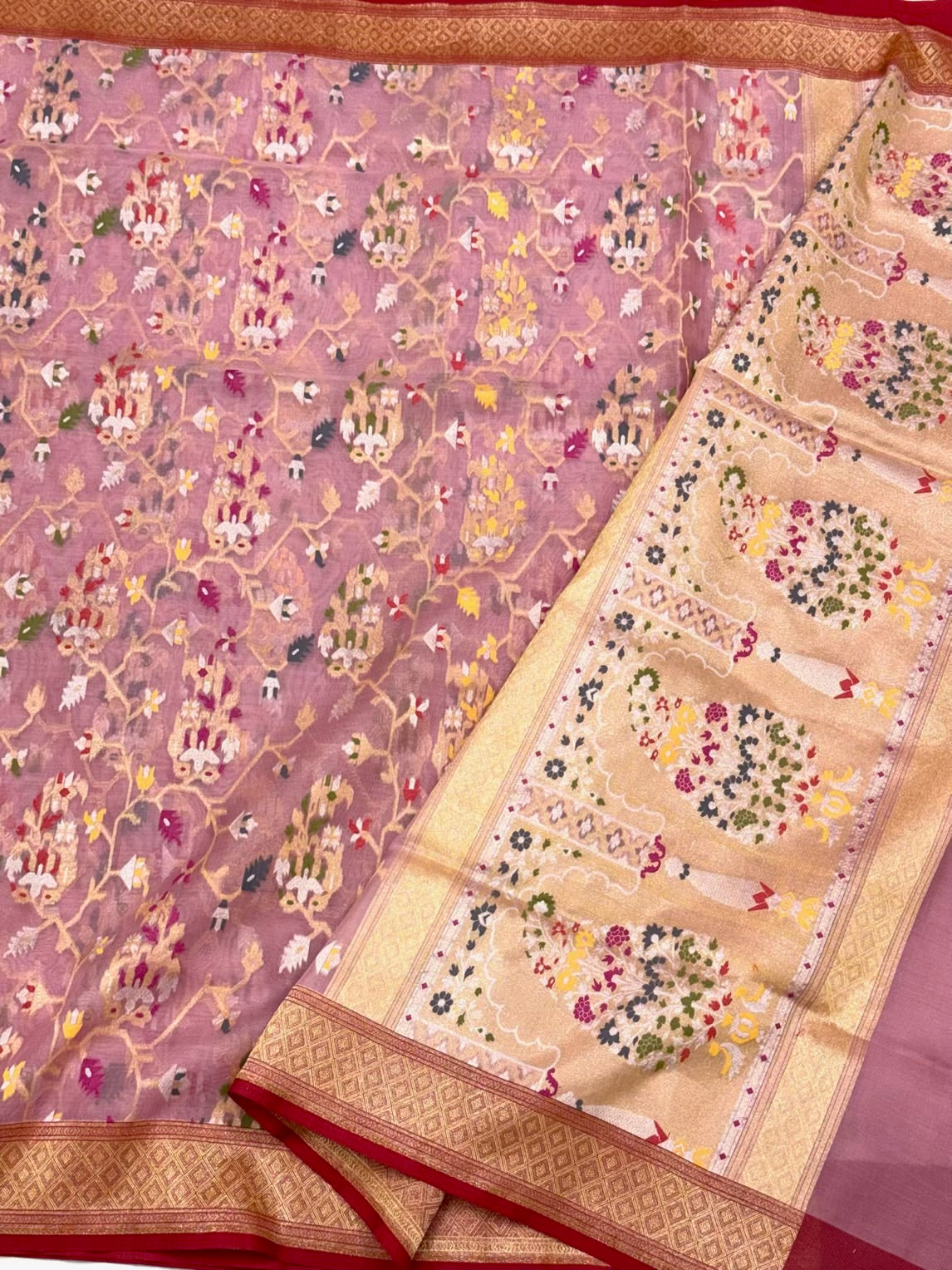 Mauve Pink Pure Soft Kora Silk - Ektara Weave Handloom Banarasi Saree