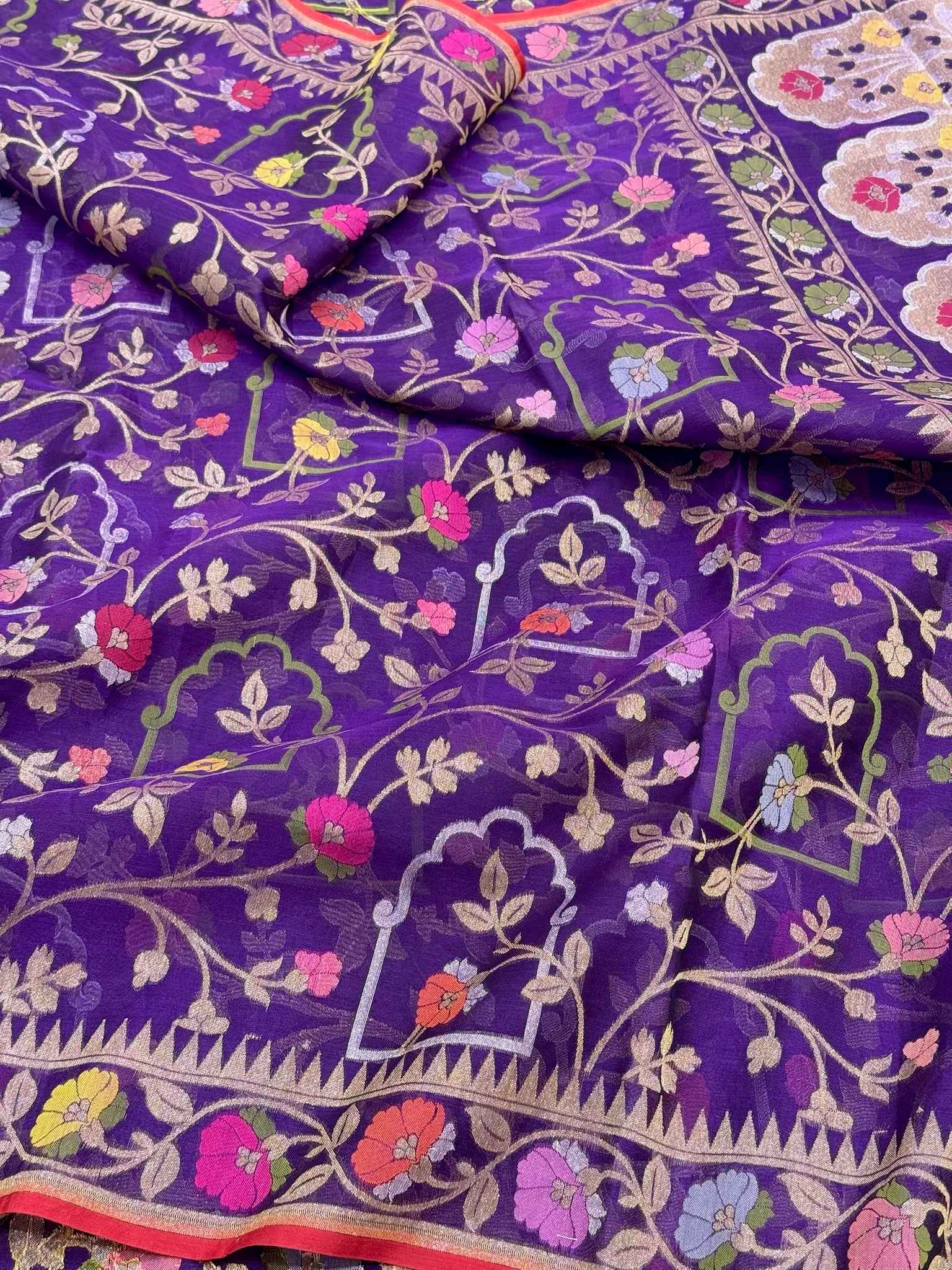 Purple Pure Kora Mulberry Silk Jamdani Banarasi Saree - Ektara Technique Handloom Banarasi Saree