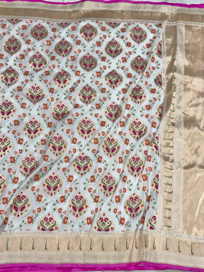 Pearl White Pure Katan Silk & Mulberry Silk | Authentic Handloom Banarasi Saree