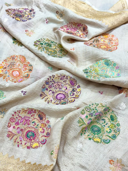 Natural Ivory Pure Tussar Georgette Silk - Kadhwa Technique Modern Masterpiece Banarasi Saree