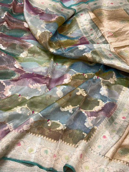 Green Pure Mulberry Tissue Silk Handloom Banarasi Saree |Ektara Weave|