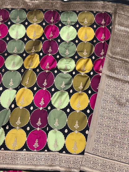 Black Pure Mulberry Katan Silk Handloom Banarasi Rangkaat Saree