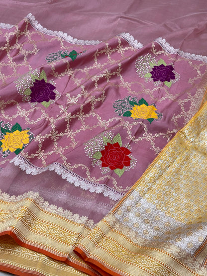 Mauve Pink Pure Kora Mulberry Silk Handwoven Contemporary Banarasi Saree - Kadhwa Technique | The Modern Heirloom