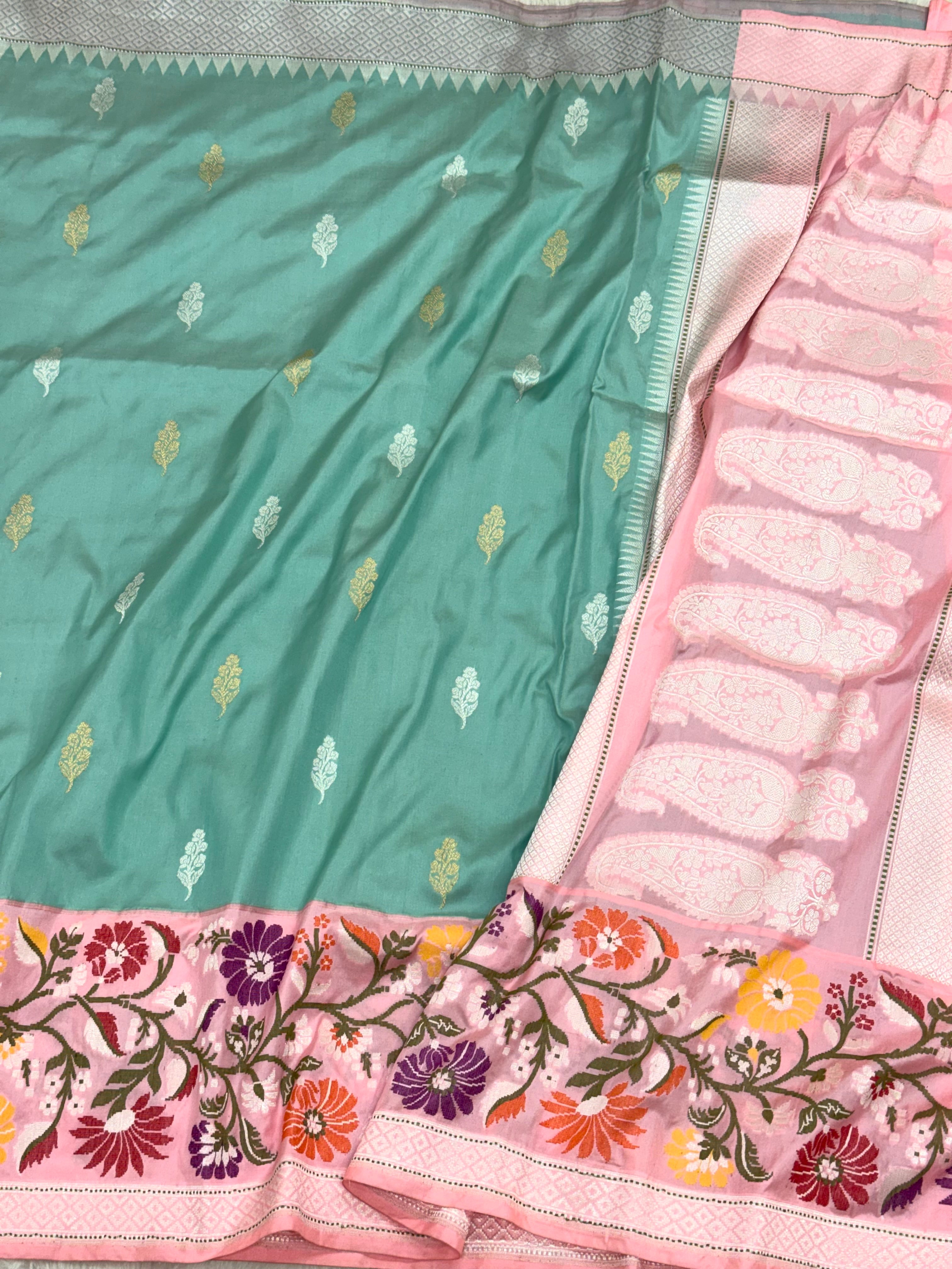 Aqua Green Pure Katan Silk Handwoven Banarasi Saree