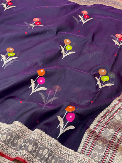 Dark Violet Pure Mulberry Kora Silk Handwoven Authentic Banarasi Modern Saree - Kadhwa Ektara Weave