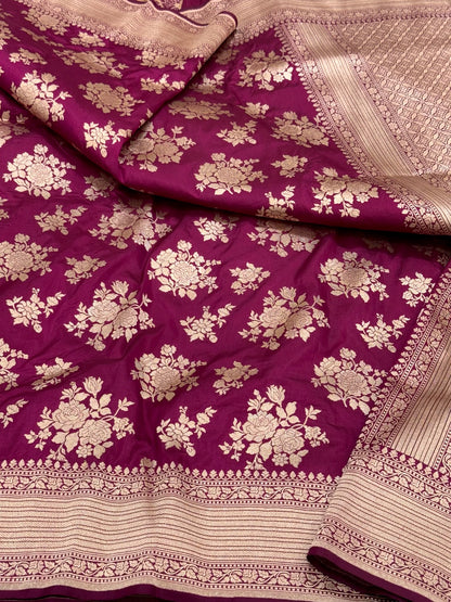 Wine Pure Mulberry Silk & Pure Katan Silk Handloom Banarasi Saree
