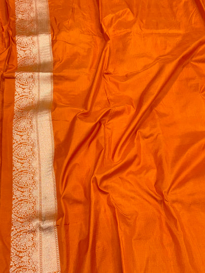 Orange Pure Mulberry Katan Silk Handloom Banarasi Saree - Zari Butah