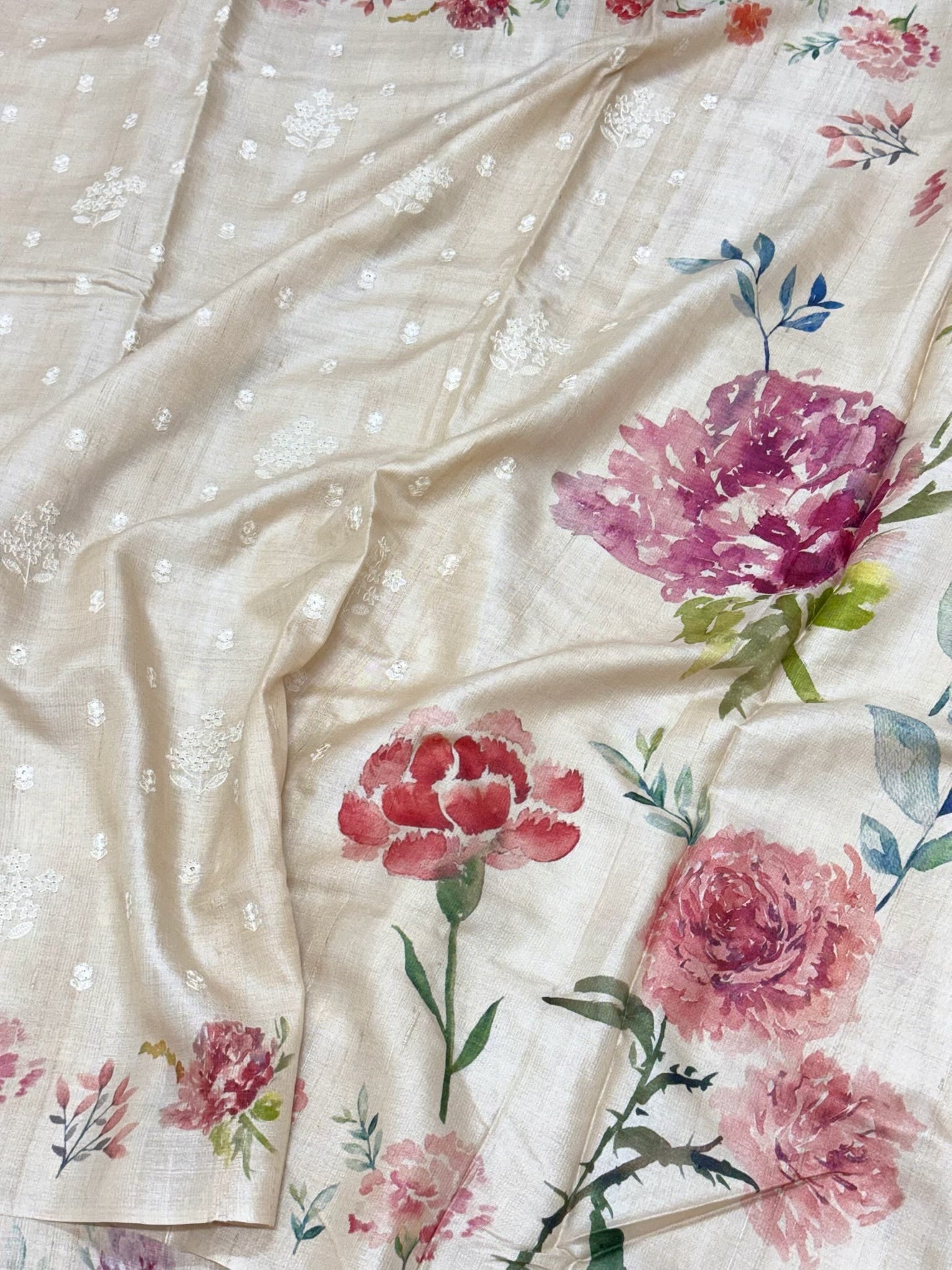 Ivory Pure Tussar Silk Handloom Printed with Embroidery Banarasi Saree - Heritage In A New Light