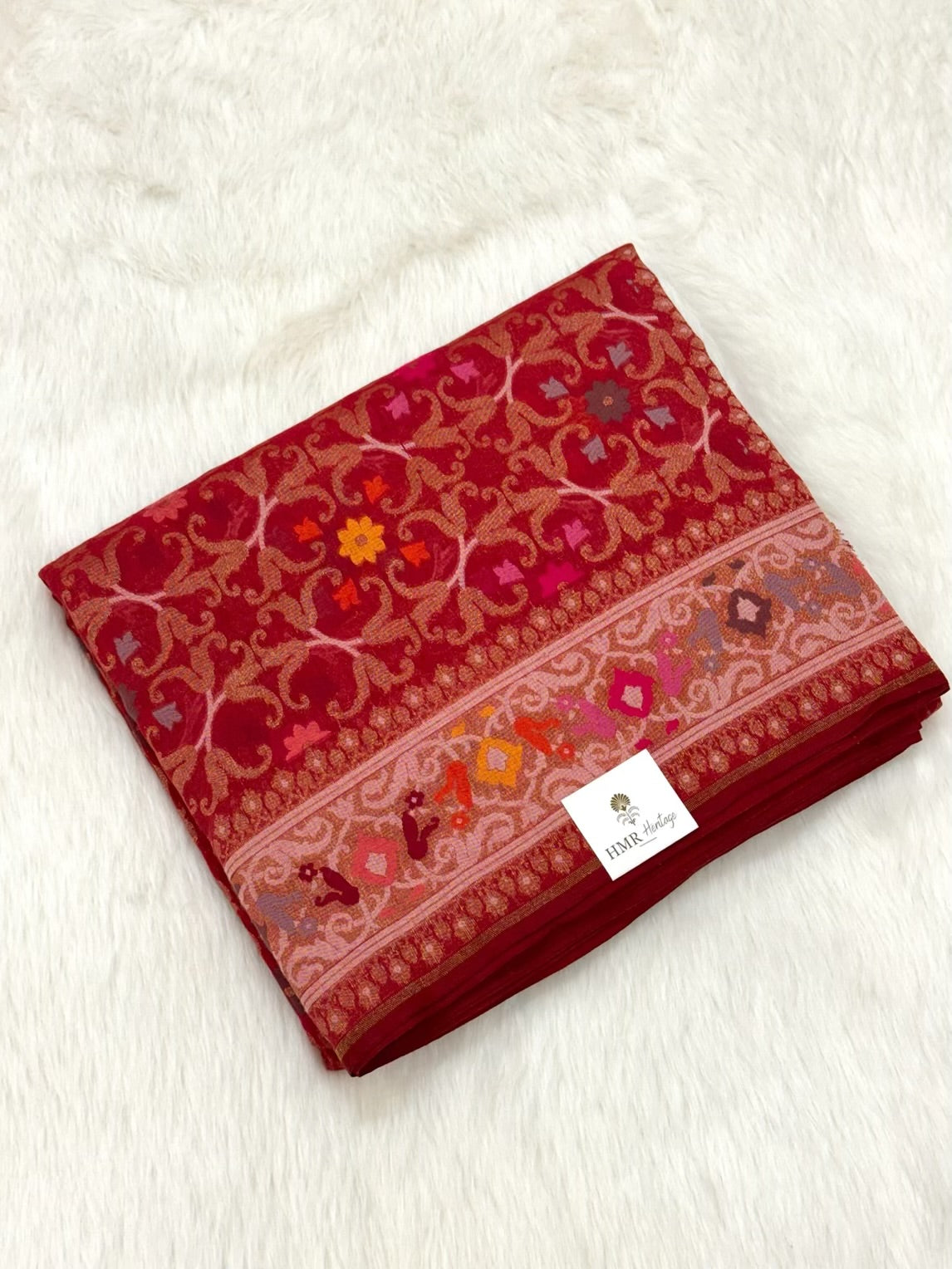 Red Pure Muslin Cotton Jamdani Handloom Banarasi Saree |Ektara Weave|
