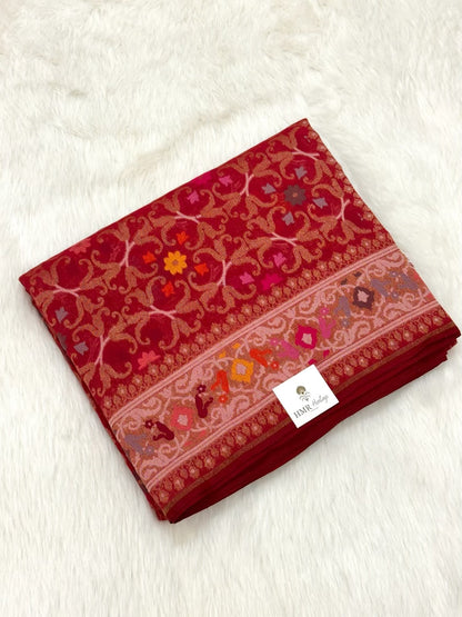 Red Pure Muslin Cotton Jamdani Handloom Banarasi Saree |Ektara Weave|