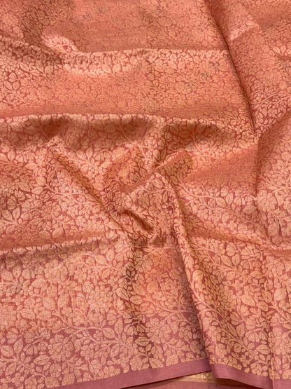 Peach Jamdani Handloom Banarasi Saree | Pure Mulberry Kora Silk Ektara Weave Saree