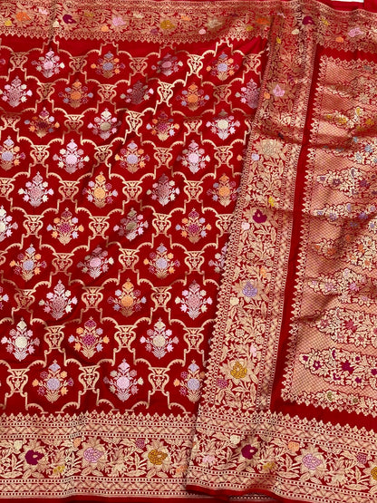 Red Pure Mulberry Silk & Pure Double Katan Silk Handwoven Premium Banarasi Saree with Kadhwa Weave