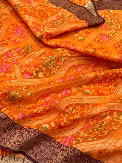 Orange Pure Kora silk & Pure Mulberry Silk Jamdani Handloom Banarasi Saree - Ektara Weave