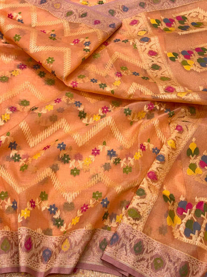 Peach Jamdani Handloom Banarasi Saree | Pure Mulberry Kora Silk Ektara Weave Saree