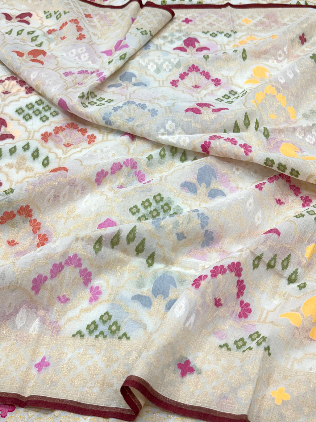 Pearl White Pure Muslin Cotton Jamdani Handloom Banarasi Dupatta